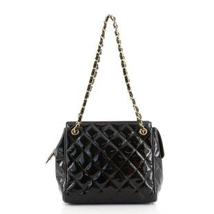 Chanel Vintage Chain Tote Quilted Patent Small: Chanel Vintage Chain Tote Quilted Patent Small Exterior Color: Black Interior Color: Black Exterior Material: Patent Leather Interior Material: Leather Hardware Color: Gold 