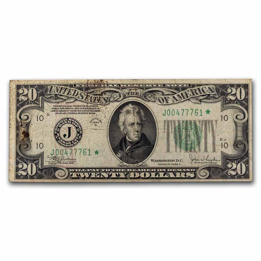 1934-C* (J-Kansas City) $20 FRN VF (Fr#2057-J*)Star Note, Details: 1934-C* (J-Kansas City) $20 FRN VF (Fr#2057-J*)Star Note, Details Product ID: RBG245365 Year: 1934 Grade: Very Fine Grade Service: None Denomination: 20 Dollars Mint Mark: C - Philadelphia