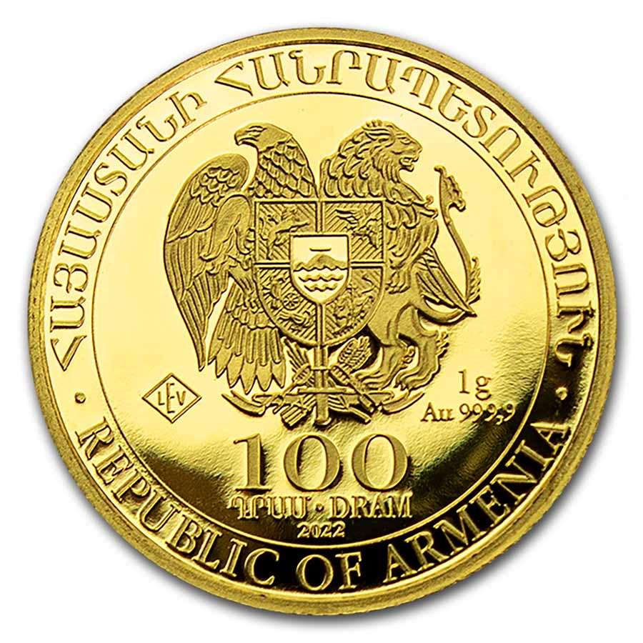 2022 Armenia 1 gram Gold 100 Dram Noah's Ark BU: 2022 Armenia 1 gram Gold 100 Dram Noah's Ark BU Product ID: RBG245390 Year: 2022 Grade: Brilliant Unc Grade Service: None Denomination: 100 Dram Mint Mark: Not Shown Metal Content: 0.0321