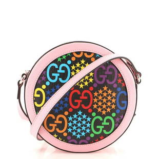 Gucci Round Shoulder Bag Psychedelic Print GG Coated Canvas: Gucci Round Shoulder Bag Psychedelic Print GG Coated Canvas RBJ no: HB.GC.RUSB.GGPU Item No: 125209/20 Brand Code: 603938 203998 A031880975 SIZE AND FIT: 7.5"W x 7.5"H x 2"D, 21-27" strap