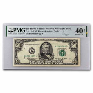 1950-E* (B-New York) $50 FRN XF-40 EPQ PMG (Fr#2112-B*) Star Note: 1950-E* (B-New York) $50 FRN XF-40 EPQ PMG (Fr#2112-B*) Star Note Product ID: RBG245226 Year: 1950 Grade: Extra Fine - 40 Grade Service: PMG Denomination: 50 Dollars Mint Mark: B -