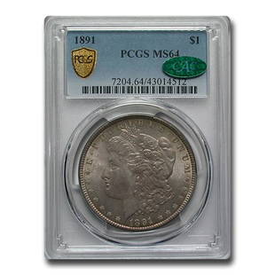 1891 Morgan Dollar MS-64 PCGS CAC: 1891 Morgan Dollar MS-64 PCGS CAC Product ID: RBG175121 Year: 1891 Grade Service: PCGS Denomination: $1.00 Metal Content: 0.7734 troy oz Purity: .900 Thickness: 3.1 mm 