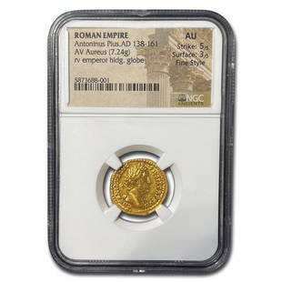 Roman Empire AV Aureus A Pius (138-161 AD) AU NGC (RIC III 233a): Roman Empire AV Aureus A Pius (138-161 AD) AU NGC (RIC III 233a) Product ID: RBG249407 Year: 138-161 Grade Service: NGC Denomination: Aureus Metal Content: 0.2 troy oz Purity: N/A 