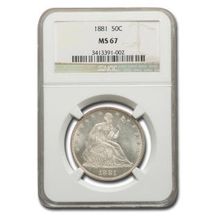 1881 Liberty Seated Half Dollar MS-67 NGC: 1881 Liberty Seated Half Dollar MS-67 NGC Product ID: RBG250166 Year: 1881 Grade Service: NGC Denomination: $0.50 Metal Content: 0.3617 troy oz Purity: .900 Diameter: 30.6 mm