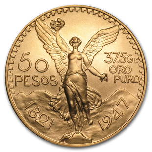 1947 Mexico Gold 50 Pesos BU: 1947 Mexico Gold 50 Pesos BU Product ID: RBG42455 Year: 1947 Grade: Brilliant Unc Grade Service: None Denomination: 50 Pesos Mint Mark: Mexico City (Not Shown) Metal Content: