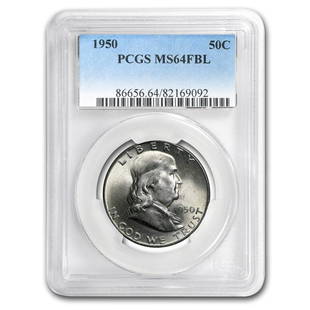 1950 Franklin Half Dollar MS-64 PCGS (FBL): 1950 Franklin Half Dollar MS-64 PCGS (FBL) Product ID: RBG20814 Year: 1950 Grade Service: PCGS Denomination: $0.50 Metal Content: 0.3617 troy oz Purity: .900 Thickness: 2.15 mm 