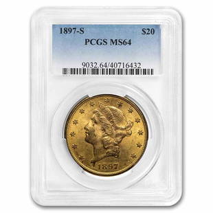 1897-S $20 Liberty Gold Double Eagle MS-64 PCGS: 1897-S $20 Liberty Gold Double Eagle MS-64 PCGS Product ID: RBG132661 Year: 1897 Grade Service: PCGS Denomination: $20.00 Metal Content: 0.9675 troy oz Purity: .900 Thickness: