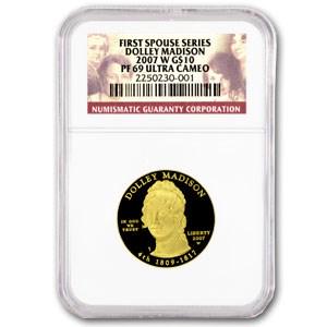 2007-W 1/2 oz Proof Gold Dolley Madison PF-69 NGC: 2007-W 1/2 oz Proof Gold Dolley Madison PF-69 NGC Product ID: RBG43819 Year: 2007 Grade: Proof - 69 UCAM Grade Service: NGC Denomination: $10.00 Mint Mark: W - West Point Metal