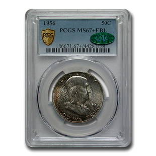 1956 Franklin Half Dollar MS-67+ PCGS CAC (FBL): 1956 Franklin Half Dollar MS-67+ PCGS CAC (FBL) Product ID: RBG248340 Year: 1956 Grade Service: PCGS Denomination: $0.50 Metal Content: 0 troy oz Purity: .900 Diameter: 30 mm