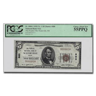 1929 Type 1 $5.00 Waterville, ME AU-55 PCGS (Fr#1800-1) CH#880: 1929 Type 1 $5.00 Waterville, ME AU-55 PCGS (Fr#1800-1) CH#880 Product ID: RBG213204 Year: 1929 Grade: Almost Unc - 55 Grade Service: PCGS Denomination: $5.00 Mint Mark: N/A - Not