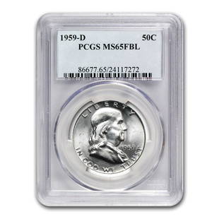 1959-D Franklin Half Dollar MS-65 PCGS (FBL): 1959-D Franklin Half Dollar MS-65 PCGS (FBL) Product ID: RBG67259 Year: 1959 Grade Service: PCGS Denomination: $0.50 Metal Content: 0.3617 troy oz Purity: .900 Thickness: 2.15 mm