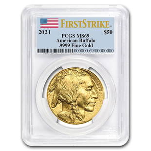 2021 1 oz Gold Buffalo MS-69 PCGS (FirstStrike): 2021 1 oz Gold Buffalo MS-69 PCGS (FirstStrike) Product ID: RBG225364 Year: 2021 Grade: MS-69 Grade Service: PCGS Denomination: $50 Mint Mark: W - West Point (Not Shown) Metal