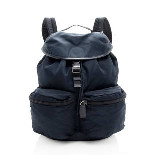 Prada Tessuto Double Pocket Drawstring Backpack: Prada Tessuto Double Pocket Drawstring Backpack Condition Quality: Good Color: Black Height: 12.5 in. Length: 11.5 in. Material: Leather/Nylon Width: 5.5 in. Item Condition: Pre
