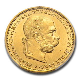 1895 Austria Gold 20 Corona Franz Joseph I MS-65 PCGS: 1895 Austria Gold 20 Corona Franz Joseph I MS-65 PCGS Product ID: RBG248638 Year: 1895 Grade Service: PCGS Denomination: 20 Corona Metal Content: 0.196 troy oz Purity: .900 