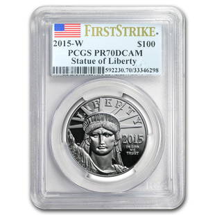 2015-W 1 oz Proof American Platinum Eagle PR-70 PCGS (FS): 2015-W 1 oz Proof American Platinum Eagle PR-70 PCGS (FS) Product ID: RBG93892 Year: 2015 Grade Service: PCGS Denomination: $100 Metal Content: 1 troy oz Purity: .9995 Thickness: