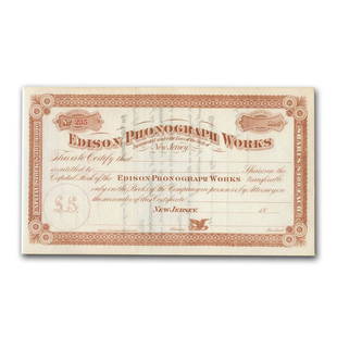 Edison Phonograph Works Stock Certificate (Circa 1888): Edison Phonograph Works Stock Certificate (Circa 1888) Product ID: RBG50819 Year: 1888 Grade: None Grade Service: None Denomination: N/A Mint Mark: N/A - Not Available Metal