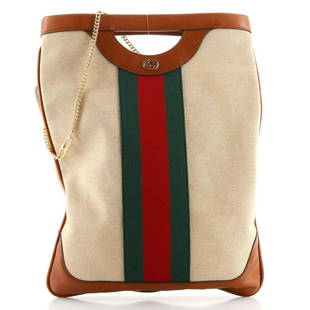 Gucci Cut Out Handle Chain Tote Vintage Web Canvas Tall: Gucci Cut Out Handle Chain Tote Vintage Web Canvas Tall Exterior Color: Neutral Interior Color: Neutral Exterior Material: Canvas Plain Interior Material: Fabric Hardware Color: Gold 