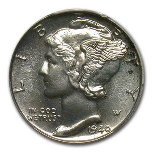1940 Mercury Dime PR-66 PCGS: 1940 Mercury Dime PR-66 PCGS Product ID: RBG188877 Year: 1940 Grade Service: PCGS Denomination: $0.10 Metal Content: 0.0723 troy oz Purity: .900 Thickness: 1.35 mm Diameter: