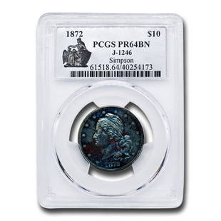 1872 $10 Amazonian Pattern PR-64 PCGS (Brown, J-1246): 1872 $10 Amazonian Pattern PR-64 PCGS (Brown, J-1246) Product ID: RBG237488 Year: 1872 Grade Service: PCGS Denomination: $10 Metal Content: 0 troy oz Purity: None Diameter: 27 mm