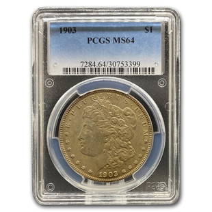 1903 Morgan Dollar MS-64 PCGS: 1903 Morgan Dollar MS-64 PCGS Product ID: RBG4832 Year: 1903 Grade Service: PCGS Denomination: $1.00 Metal Content: 0.7734 troy oz Purity: .900 Thickness: 3.1 mm Diameter: