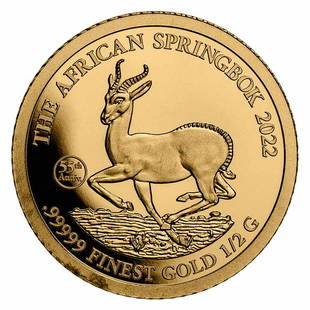 2022 Gabun 1/2 gram Gold 55th Anniversary Springbok: 2022 Gabun 1/2 gram Gold 55th Anniversary Springbok Product ID: RBG247921 Year: 2022 Grade: Proof Grade Service: None Denomination: 1,000 Francs CFA Mint Mark: Not Shown Metal