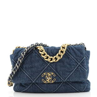 Chanel 19 Flap Bag Quilted Denim Large: Chanel 19 Flap Bag Quilted Denim Large Exterior Color: Blue Interior Color: Blue Exterior Material: Denim Interior Material: Fabric Hardware Color: Gold, Aged Silver, Chrome, Aged Gold