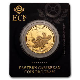 2020 Grenada 1 oz Gold Octopus BU: 2020 Grenada 1 oz Gold Octopus BU Product ID: RBG217196 Year: 2020 Grade: Brilliant Unc Grade Service: None Denomination: $10.00 Mint Mark: Not Shown Metal Content: 1 troy oz 