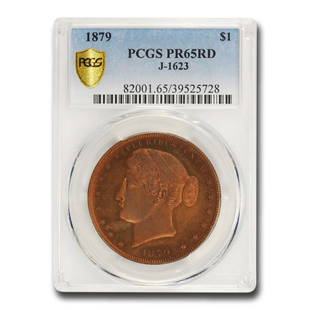 1879 Goloid Metric Pattern Dollar PR-65 PCGS (J 1623, Red): 1879 Goloid Metric Pattern Dollar PR-65 PCGS (J 1623, Red) Product ID: RBG207068 Year: 1879 Grade Service: PCGS Denomination: $1.00 Metal Content: 0 troy oz Purity: None 