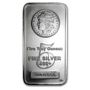 5 oz Silver Bar - Morgan Design: 5 oz Silver Bar - Morgan Design Product ID: RBG62295 Year: N/A Grade: None Grade Service: None Denomination: 5 oz Mint Mark: N/A - Not Available Metal Content: 5 troy oz 