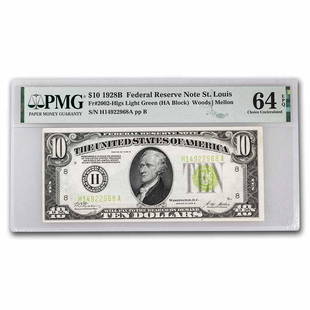 1928-B (H-St. Louis) $10 FRN CU-64 EPQ PMG (Fr#2002-H) LGS: 1928-B (H-St. Louis) $10 FRN CU-64 EPQ PMG (Fr#2002-H) LGS Product ID: RBG249502 Year: 1928 Grade: (PMG) Choice Unc - 64 Grade Service: PMG Denomination: 10 Dollars Mint Mark: H -
