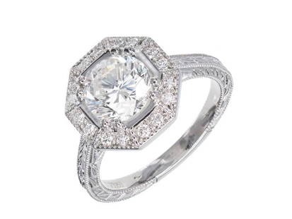 Platinum Octagonal Halo Diamond Engagement Ring: Platinum Octagonal Halo Diamond Engagement Ring SKU: RBJ382-351-5967-01C9A Condition: Pre-Owned Metal: Platinum Stone: Diamond Size and Fit: Ring Size: 6.5, Width at Top:12.33mm,