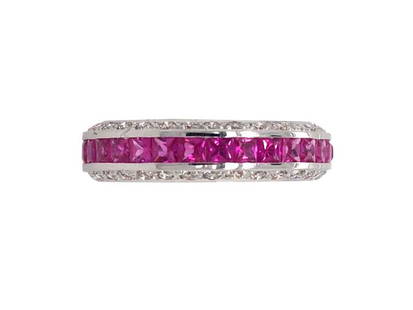 18k White Gold Pink Sapphire And Diamond Band Ring: 18k White Gold Pink Sapphire And Diamond Band Ring SKU: RBJsf785_6551154065511 Condition: Never-Worn Note: All Sales are final. Need more pics? Please do not hesitate to ask if you have any