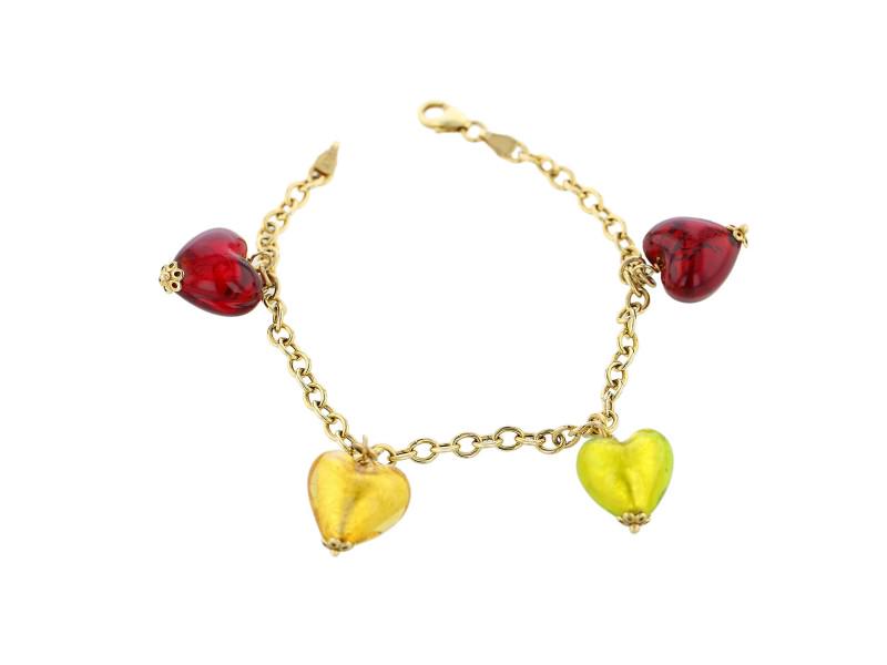 Milros 14k Heart Motif Glass Bead Charm Bracelet: Milros 14k Heart Motif Glass Bead Charm Bracelet SKU: RBJ20073CR Brand: Other Condition: Pre-Owned Metal: Yellow Gold Size and Fit: Bracelet Lenght: 7.25 inches Charm size: .50" Note: All