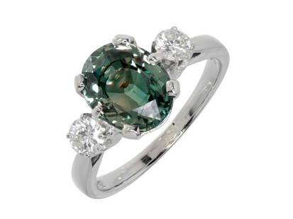 14K White Gold Diamond Blue Green Sapphire Ring: 14K White Gold Diamond Blue Green Sapphire Ring SKU: RBJ382-3-6123-01C9A Brand Condition: Pre-Owned Metal: White Gold Stone Size and Fit: Ring Size: 6.75, Width at Top: 10mm,