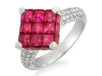 18K White Gold 0.45 CT Diamonds & Invisible 5.05 CT Ruby Square Ring