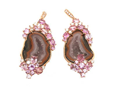 18k Rose Gold Druzy Gem, Pink Sapphire And Diamond Earrings
