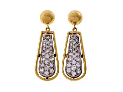 Vintage 14k Yellow White Gold 1.10ctw Dangle Diamond Earrings 1960: Vintage 14k Yellow White Gold 1.10ctw Dangle Diamond Earrings 1960 SKU: RBJ341-351-1101-01C9A Condition: Pre-Owned Metal: Yellow Gold Stone: Diamond Size and Fit: Top to bottom: