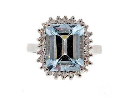 14k White Gold 3.00ct Natural Aqua Diamond Vintage Ring: 14k White Gold 3.00ct Natural Aqua Diamond Vintage Ring SKU: RBJ382-3-4937-01C9A Condition: Pre-Owned Metal: White Gold Stone: Aqua & Diamond Size and Fit: Stone: 10.2 x 8.2mm, Ring