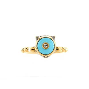 Gucci Le Marche Des Merveilles Feline Head Cocktail Ring 18K Yellow Gold with Turquoise and Diamonds: Gucci Le Marche Des Merveilles Feline Head Cocktail Ring 18K Yellow Gold with Turquoise and Diamonds Metal Type: 18K Yellow Gold Metal Finish: High Polish, Textured Hallmarks Type: 750,