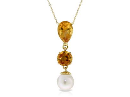 5.25 CTW 14K Solid Gold Necklace Citrine Cultured Pearl: 5.25 CTW 14K Solid Gold Necklace Citrine Cultured Pearl SKU: RBJ1451-Y Brand Condition: Never Worn Metal: Yellow Gold Size and Fit: 0.42in (10.7mm) 1.87in (47.5mm) Note: All Sales