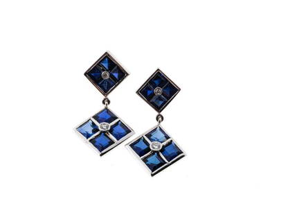 Art Deco 14K White Gold Synthetic Sapphire And Diamond Dangle Earrings: Art Deco 14K White Gold Synthetic Sapphire And Diamond Dangle Earrings SKU: RBJ341-3-641-01C9A Condition: Pre-Owned Metal: White Gold Stone: Diamond Size and Fit: Top to Bottom: