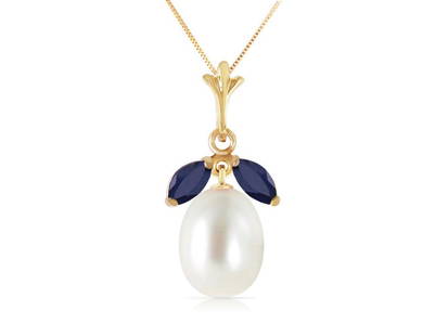 4.5 CTW 14K Solid Gold Necklace Natural Cultured Pearl Sapphire: 4.5 CTW 14K Solid Gold Necklace Natural Cultured Pearl Sapphire SKU: RBJ4452-Y Brand: Fine Jewelry Condition: Never Worn Metal: Yellow Gold Size and Fit: 0.40in (10.16mm) 1.31in