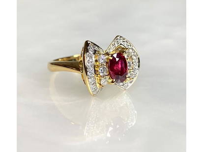 18K Yellow Gold Oval Cut Ruby Diamond Bowtie Ring: 18K Yellow Gold Oval Cut Ruby Diamond Bowtie Ring SKU: RBJ18KYELLOWG-61FC13D0D78D7 Condition: Never Worn Note: All Sales are final. Need more pics? Please do not hesitate to ask if you have