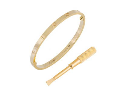 Cartier Yellow Gold Love Bracelet, SM: Cartier Yellow Gold Love Bracelet, SM SKU: RBJCartierSMYG-15 Brand: Cartier Condition: Never Worn Final Sale: THIS ITEM IS FINAL SALE AND NOT RETURNABLE. Note: All Sales are final.