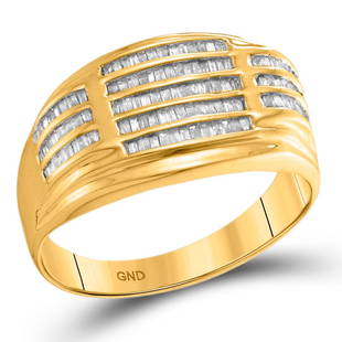 10kt Yellow Gold Mens Baguette Diamond Striped Fashion Ring 1/2 Cttw: 10kt Yellow Gold Mens Baguette Diamond Striped Fashion Ring 1/2 Cttw Metal Type10kt Yellow Gold Item NumberGDI85402 StyleFashionRing SizeRing size selectableCarats Total Weight *1/2