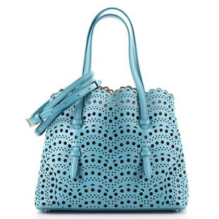 Alaia Open Tote Laser Cut Leather Mini: Alaia Open Tote Laser Cut Leather Mini Exterior Color: Blue Interior Color: Neutral Exterior Material: Leather Interior Material: Leather Hardware Color: Gun Metal Accessories: