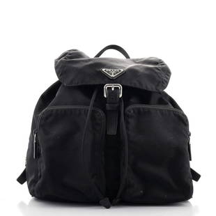 Prada Double Front Pocket Backpack Tessuto Medium: Prada Double Front Pocket Backpack Tessuto Medium Exterior Color: Black Interior Color: Black Exterior Material: Leather, Nylon Interior Material: Fabric Hardware Color: Silver 