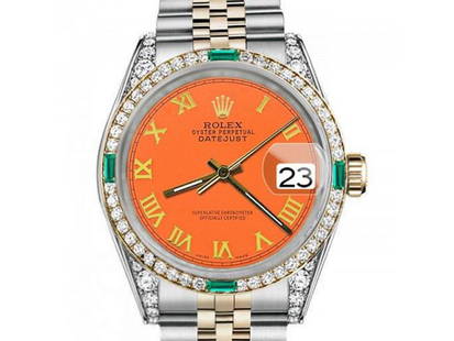 Womens Rolex 31mm Datejust Two Tone Jubilee Orange Color Roman Numeral Dial Bezel + Lugs + Emerald: Womens Rolex 31mm Datejust Two Tone Jubilee Orange Color Roman Numeral Dial Bezel + Lugs + Emerald SKU: RBJ35775-E21A8 Brand: Rolex Condition: Pre-Owned Note: All Sales are final. Need
