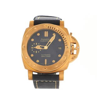 Panerai Submersible Bronzo Blu Abisso Automatic Watch Bronze and Leather 42: Panerai Submersible Bronzo Blu Abisso Automatic Watch Bronze and Leather 42 Dial Color: Blue Band Color: Blue Band Material: Leather Case Material: Bronze Bezel Material: Bronze 