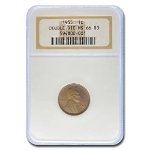 1955 Lincoln Cent Doubled Die Obverse MS-66 NGC (Red/Brown): 1955 Lincoln Cent Doubled Die Obverse MS-66 NGC (Red/Brown) Product ID: RBG244411 Year: 1955 Grade Service: NGC Denomination: $0.01 Metal Content: 0 troy oz Purity: None 